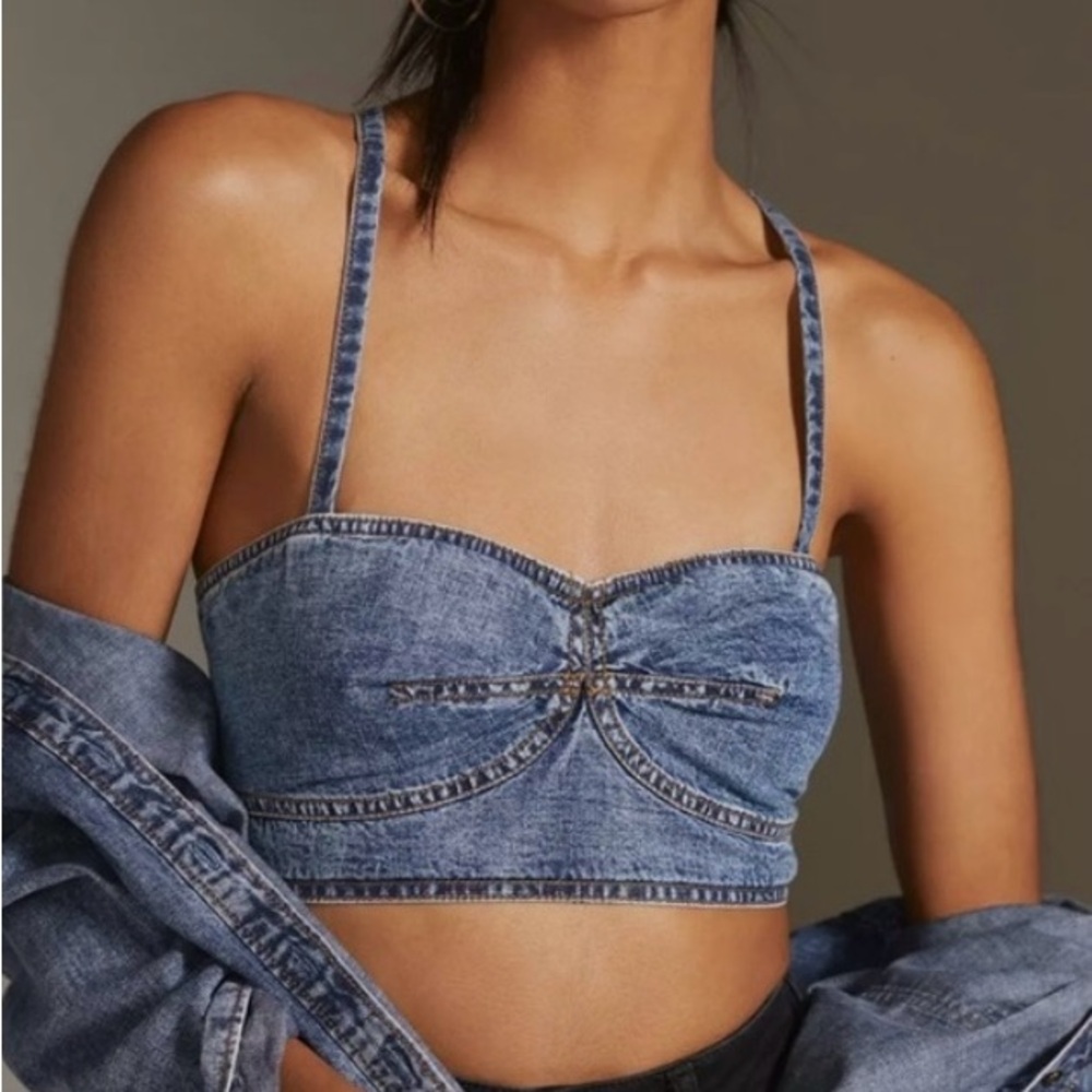 PILCRO BY ANTHROPOLOGIE - WOMEN'S 0 - Blue Denim Bustier Crop Tank corset